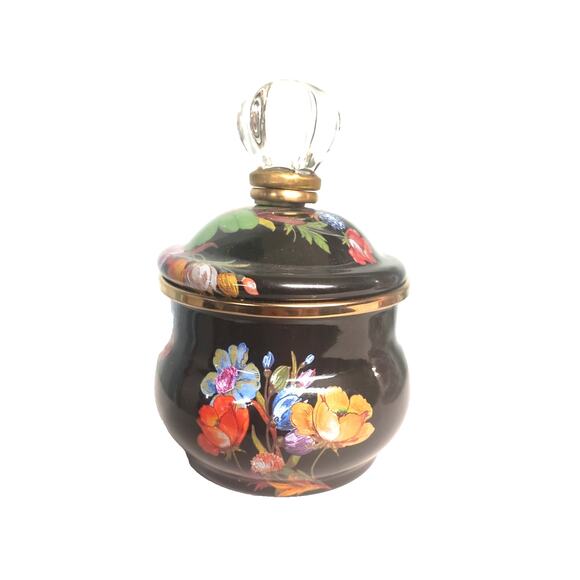 Mackenzie Childs Black Flower Market Lidded Sugar Bowl Retired - Picture 2 of 5
